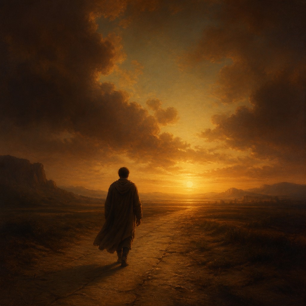 a solitary figure walking toward a glowing horizon across an empty plain, moody atmosphere, no text or lettering