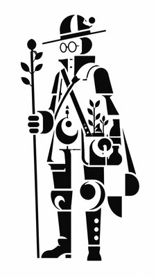 full-body original character: a wandering botanist with a satchel of plants, a patched green cloak, tall boots and round glasses, neutral background
