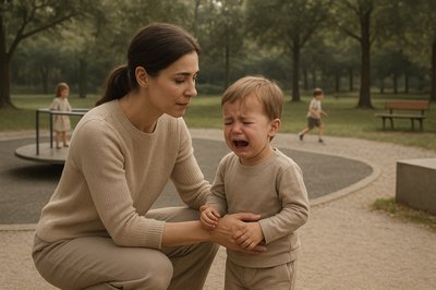 An outdoor scene in a park.  a merry-go-round is nearby.  A mother squats down to help her little boy, who is crying and making a fuss.  other kids are playing in the background but this little boy is very unhappy.  Mom has a kind and gentle face and is trying to help him feel better.