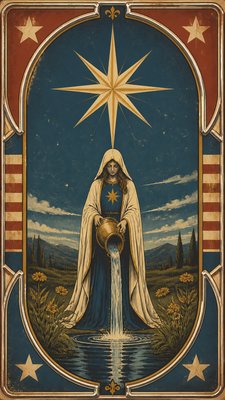 a robed figure pouring water beneath a large eight-pointed star in a night sky, symmetrical composition with an ornate decorative border, no text