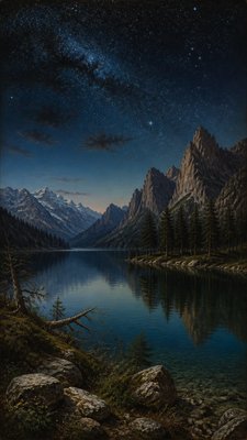 a tranquil mountain lake beneath a starry night sky, no people, no text