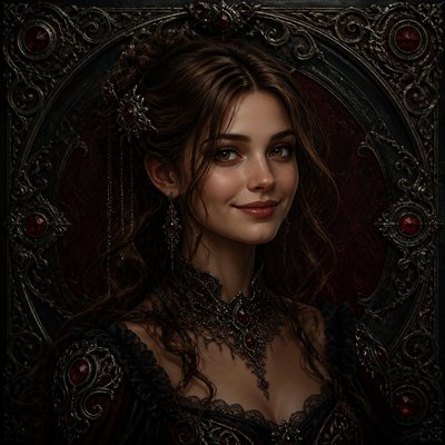 head-and-shoulders portrait of an original character: a young woman with wavy chestnut hair and a warm smile, plain soft backdrop