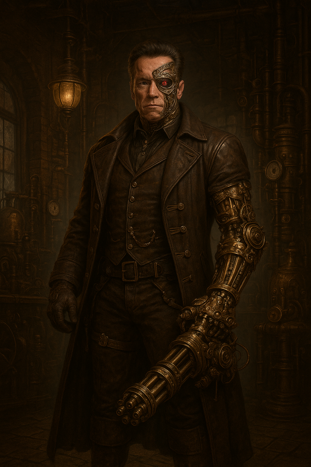 "A dramatic, full-body portrait of Arnold Schwarzenegger as a Steampunk Terminator, standing powerfully in a richly detailed Victorian-era workshop. Arnold's iconic Terminator face is visible, with a glowing red eye, partially obscured by an intricate, metallic eyepatch and visible cybernetic components around his neck and face. He wears a heavy, dark brown leather duster coat over a tailored waistcoat and trousers, all adorned with brass buckles, gears, and leather straps. His left arm is a formidable steampunk prosthetic, crafted from polished brass, copper, and exposed gears, ending in a massive, Gatling-gun-like weapon integrated into the forearm. His right hand wears a finely detailed leather glove with metallic accents. The background of the workshop is filled with vintage machinery, pressure gauges, steam pipes, exposed brick walls, and the soft glow of gas lamps. Smoke or steam gently drifts through the air, adding to the atmospheric industrial setting. The overall aesthetic is gritty, sophisticated, and perfectly blends the sci-fi elements of the Terminator with the intricate mechanical beauty of steampunk