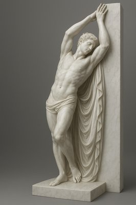 a statue of a man leaning against a wall