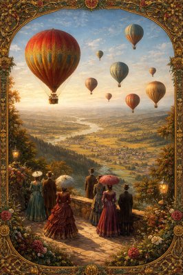 in the style of John Atkinson Grimshaw,
bird’s‑eye view, camera looking downward from a moderate height over hot air balloons rising steadily and moving with the wind through clear blue skies,
subtle curvature of the landscape visible below,
rich jewel‑tone reds, teals, and golds catching warm natural sunlight, realistic wind‑driven motion, natural directional flow, a hillside overlook below with small groups of people watching the balloons, holding umbrellas for shade, wearing Victorian‑style clothing,
long tailored coats, layered skirts, high collars,
grounded composition, realistic atmospheric depth, cinematic painterly