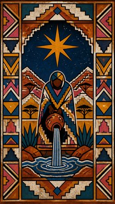 a robed figure pouring water beneath a large eight-pointed star in a night sky, symmetrical composition with an ornate decorative border, no text