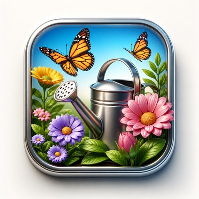 a garden scene with butterflies, flowers and a watering can, clean uncolored line art, no text