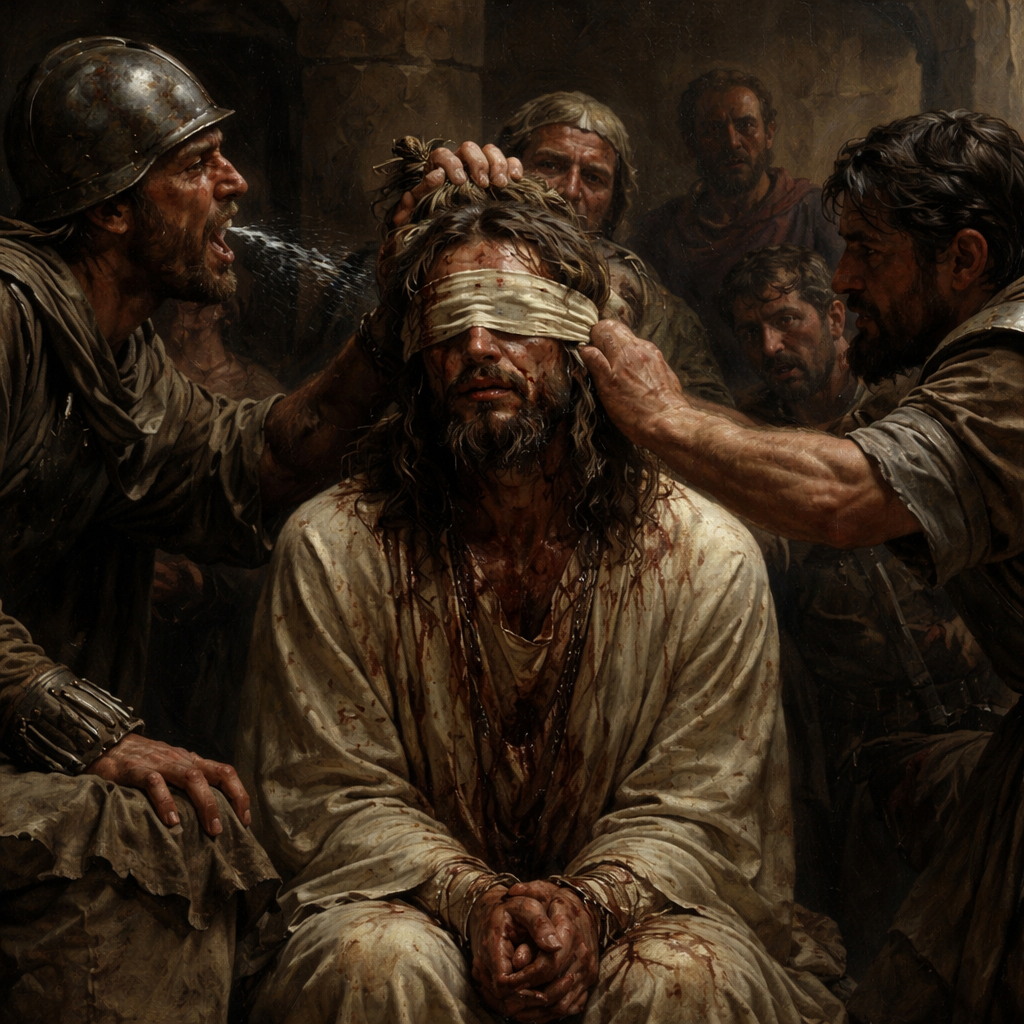 “And some began to spit on him, and to cover his face, and to buffet him, and to say unto him, Prophesy: and the servants did strike him with the palms of their hands.” (Mark 14:65, KJV)