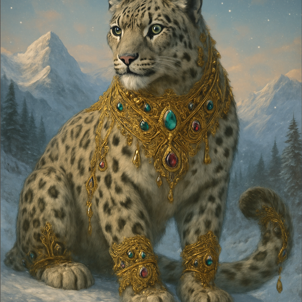 A majestic and regal snow leopard, powerfully built and with its characteristic thick, spotted fur, stands in a pristine, snow-covered mountain landscape. The leopard is lavishly 'blinged' with intricate, ornate jewelry and adornments, seamlessly integrated into its natural grace.
**Focus on:
Jewelry: Golden chains, collars, and bracelets adorned with large, glittering diamonds, emeralds, sapphires, and rubies. The gems should catch and reflect the light.
Adornments: Delicate, decorative gold filigree woven into its fur around the neck, paws, and tail. Perhaps small, elegant tassels or silken cords with embedded pearls dangle from its powerful shoulders or tail.
Overall Effect: The adornments should enhance, rather than overwhelm, the leopard's natural beauty, making it look like an ancient, mythical guardian rather than merely ostentatious.
The setting: A serene, snow-covered Himalayan mountain peak at either dawn or dusk. Soft, diffused light highlights the leopard's fur and makes the jewels sparkle. Snow-dusted pine trees, icy rock formations, and a clear, frosty sky with hints of pastel colors. Subtle falling snowflakes catch the light. The atmosphere is magical and awe-inspiring.
Artistic Style: Highly detailed photorealism with a touch of fantastical elegance. Emphasize light play on the jewels and fur, deep depth of field, and a captivating gaze from the leopard. Cinematic quality, ultra-fine details.