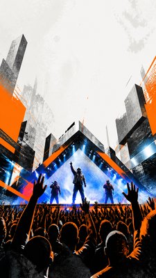 a live music scene with a glowing stage and silhouetted crowd, energetic vertical composition with open space at the top, no text