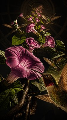 a climbing vine of flowers and hummingbirds on a dark background, tall wrapping composition, no text