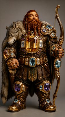 full-body original character: a dwarven ranger with a braided auburn beard, worn leather armor, a longbow and a wolf-pelt cloak, neutral background, no text