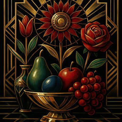 still life arrangement of fruits and flowers