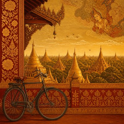 bicyle resting against a wall — Burmese Art Style