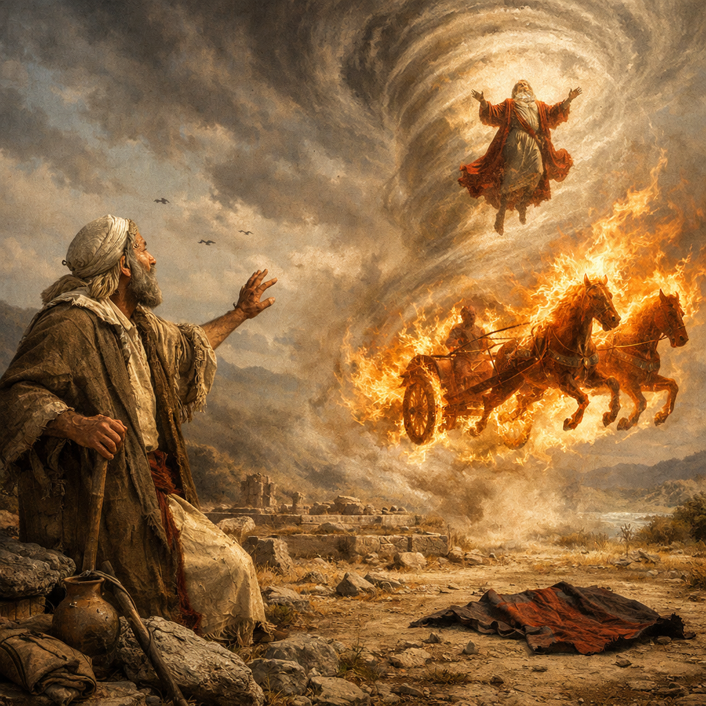 Show Elisha and Elijah only “And it came to pass, as they still went on, and talked, that, behold, there appeared a chariot of fire, and horses of fire, and parted them both asunder; and Elijah went up by a whirlwind into heaven.” (2 Kings 2:11, KJV)