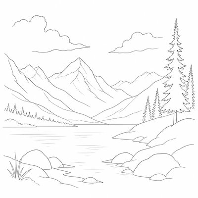 wide landscape with natural scenery — Contour Line Drawing Style