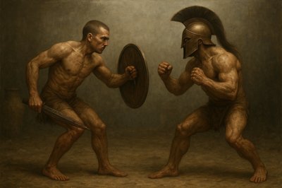a painting of two men fighting with each other