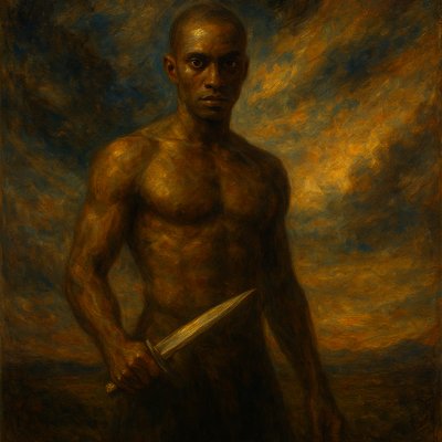 a painting of a man holding a knife