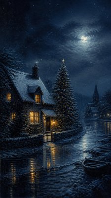 a snow-covered cottage with warm glowing windows beside a decorated pine tree, gentle snowfall, no text