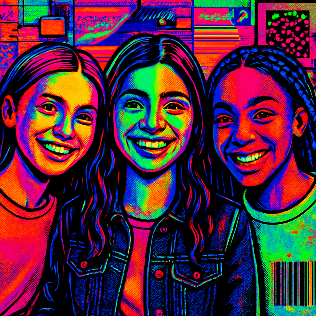 a group of three girls standing next to each other