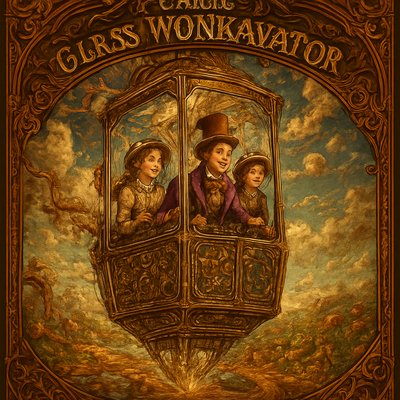 An awe-inspiring and whimsical scene featuring Willy Wonka's Great Glass Wonkavator, soaring through the sky and beyond the confines of the chocolate factory. The Wonkavator itself is a magnificent, multi-directional glass elevator, transparent and sparkling, with Willy Wonka (wearing his iconic top hat, purple coat, and bowtie) and 2 young Victorian well dressed ladies looking out with expressions of joy, wonder and excitement. The interior is filled with intricate buttons and levers for controlling its magical flight. The Wonkavator is depicted in mid-flight, perhaps bursting through the factory roof or ascending above the clouds. Below it, the fantastical landscape of the Chocolate Factory is visible – chocolate rivers, edible gardens, candy cane trees, and various whimsical buildings. Beyond the factory, a stunning, imaginative sky unfolds, perhaps with floating candy clouds, distant fantastical landmarks, or even glimpses of outer space and planets. The lighting is bright and magical, emphasizing the glass's transparency and the vibrant colors of the world below and beyond. The overall mood is one of boundless adventure, limitless possibilities, and pure, joyful fantasy."