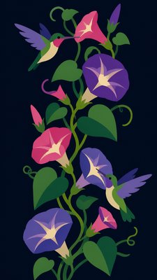 a climbing vine of flowers and hummingbirds on a dark background, tall wrapping composition, no text