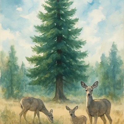 A serene and majestic watercolor painting, capturing the essence of a grand, towering evergreen tree (like the dominant one in the provided image) standing proudly in a sun-dappled, open forest glade. The tree's deep green needles are rendered with varying washes, showcasing its immense height and full, tiered branches that reach towards a partly cloudy, bright blue sky.

In the foreground and around the base of this glorious tree, two or three graceful mule deer are depicted. One might be grazing peacefully, another looking up towards the viewer with its large, expressive ears, and a fawn possibly tucked nearby. Their coats are rendered in soft, earthy watercolor tones of grey-brown, with delicate highlights and shading to suggest their gentle forms and distinctive white rumps and tails.

The surrounding landscape features a subtle ground cover of dry grasses and scattered undergrowth, characteristic of a high-desert or mountain forest floor, painted with soft, blended washes of ochre, sage green, and light brown. The sky above is a classic watercolor blend of soft blues and wispy white clouds. The overall mood is one of tranquil natural beauty, quiet majesty, and a harmonious coexistence of wildlife and ancient trees, rendered with the flowing, luminous quality of watercolor art loose watercolor style, vibrant yet soft washes, visible brushstrokes, luminous transparency, natural light, serene atmosphere