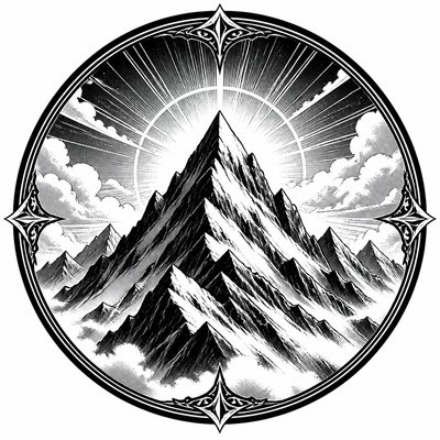an emblem of a mountain peak inside a circle, simple bold shapes on a plain background, no text or lettering