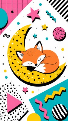 a sleeping baby fox curled on a crescent moon among soft stars, gentle and warm, no text