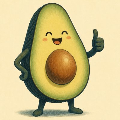 a happy avocado character giving a thumbs up, bold readable design on a plain background, no text