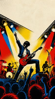a live music scene with a glowing stage and silhouetted crowd, energetic vertical composition with open space at the top, no text