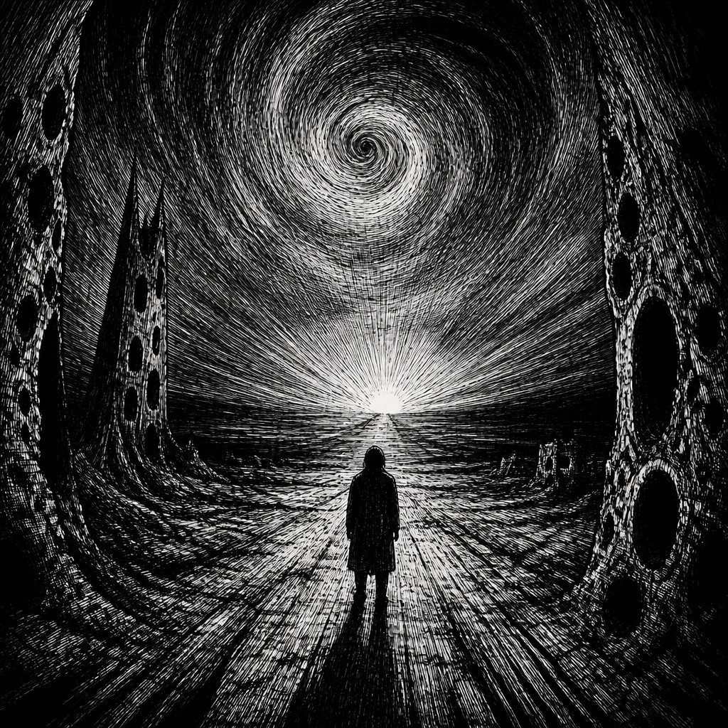 a solitary figure walking toward a glowing horizon across an empty plain, moody atmosphere, no text or lettering