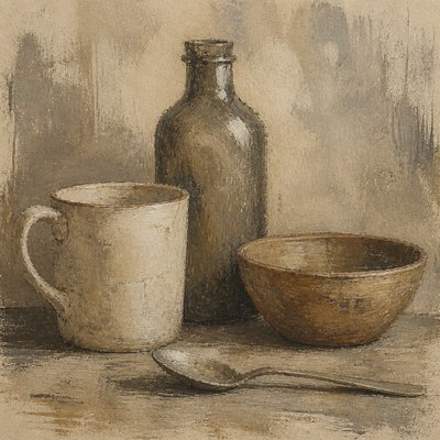 still life with everyday objects — Dry Brush Painting Style