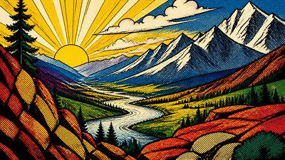 a vast valley with a river winding toward distant mountains at sunrise, no people, no text