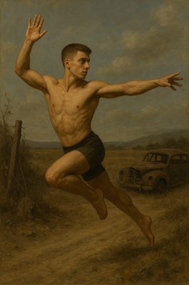 a painting of a man jumping in the air