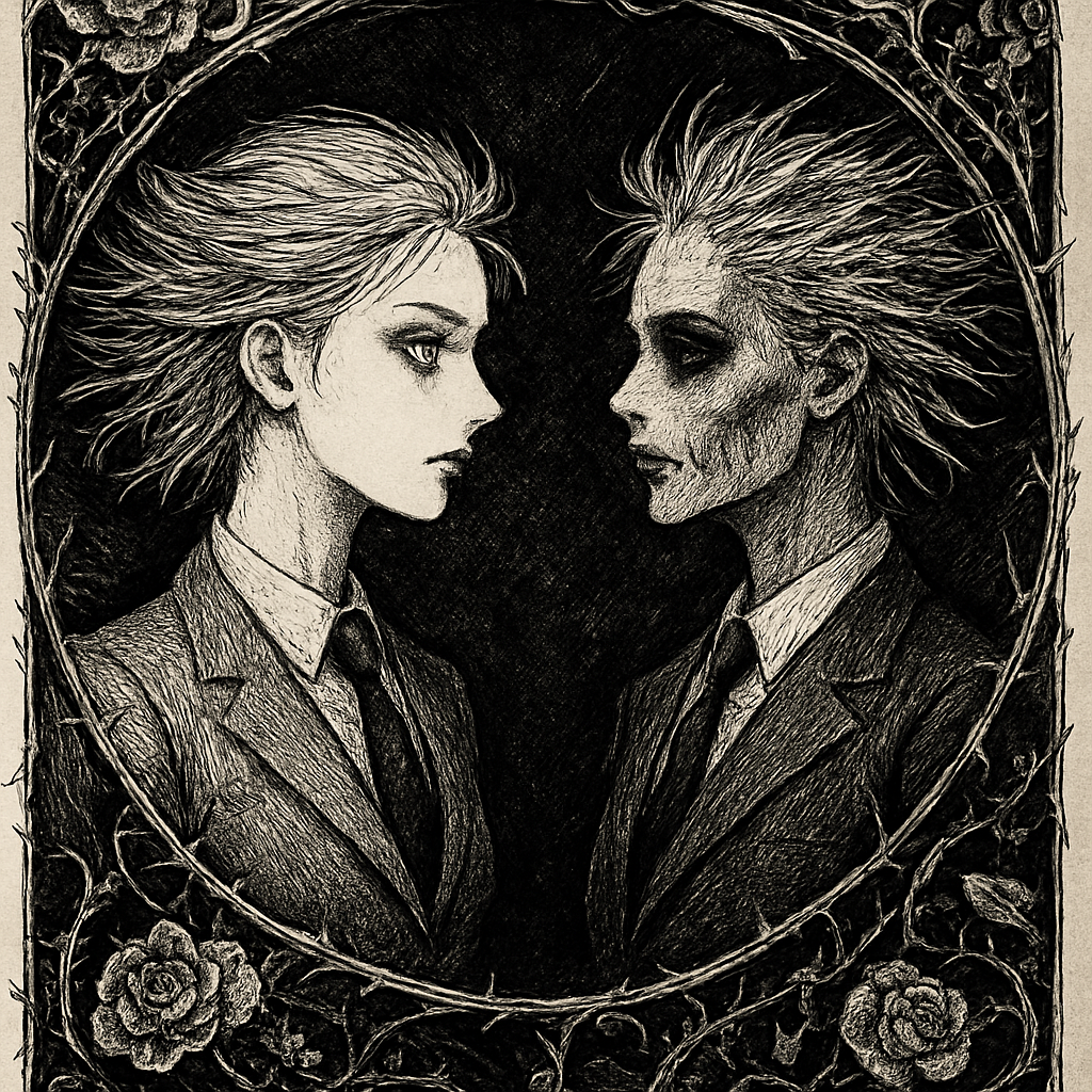 a drawing of two people facing each other