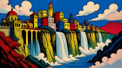 a cliffside city with waterfalls cascading into a misty canyon, wide establishing shot, no people, no text