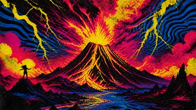 an erupting volcano with lightning strikes, dramatic wide composition, no text