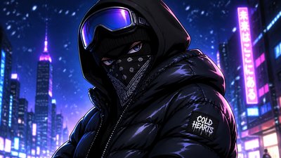 I want my character to have a hood on ski mask  with snow goggles on the hood should be  black bubble coat with a ski mask and bandana covering the mouth I want it to be cartoon