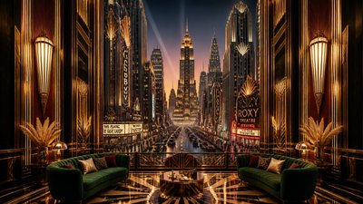 bustling city street panorama at dusk