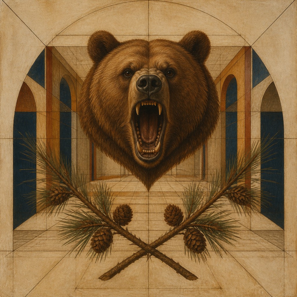 a roaring bear head above crossed pine branches, bold graphic composition on a plain background, no text
