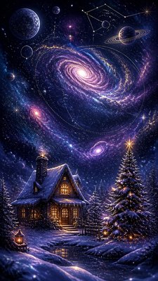 a snow-covered cottage with warm glowing windows beside a decorated pine tree, gentle snowfall, no text