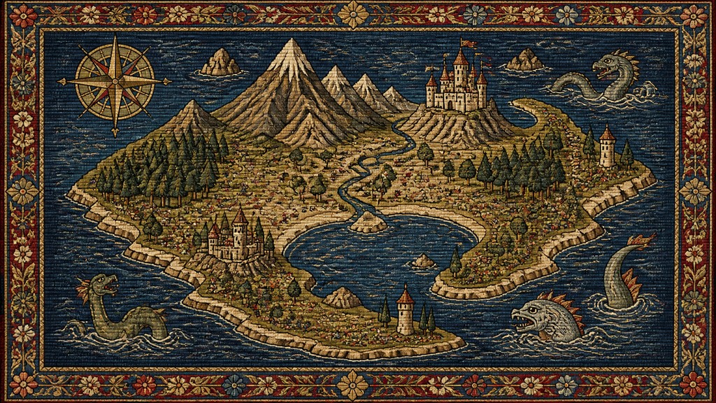 a map of an island realm with mountains, forests, a sheltered bay, sea monsters in the water and a compass rose, no text labels