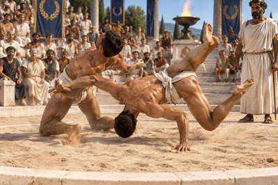 two men wrestling in front of a crowd of people
