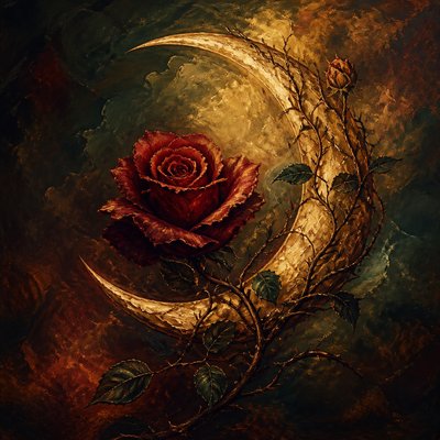 a rose entwined with a crescent moon, clean balanced composition on a plain background, no text