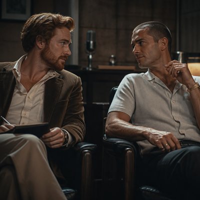 Je veux que tu me fasses 2 homme un peu dans les années 60 américains un homme blanc roux les cheveux courts mi long avec une barbe rousse plus foncé et habillée en en journaliste decontracté , chemise ouverte et une homme cheveux sombre rasé de pres chemise costar des années riche 60 il se regarde comme si il vivait un amour interdit chacun sur une chaise fauteuil comme dans une interview