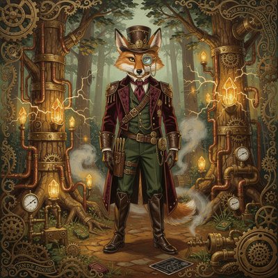 anthropomorphic coyote in a tailored Victorian suit, wearing a brass-trimmed top hat and monocle, steampunk style, intricate mechanical accessories, standing in a forest with copper pipes and gear-laced trees, full body portrait, Vibrant Colors, heavy oil paint impasto, in the style of Peter Max with Mary Blair aspects.