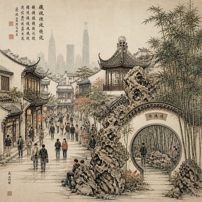 urban street with city activity — Suzhou Art Style