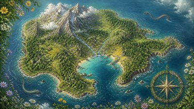 a map of an island realm with mountains, forests, a sheltered bay, sea monsters in the water and a compass rose, no text labels