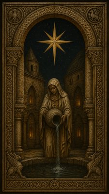 a robed figure pouring water beneath a large eight-pointed star in a night sky, symmetrical composition with an ornate decorative border, no text